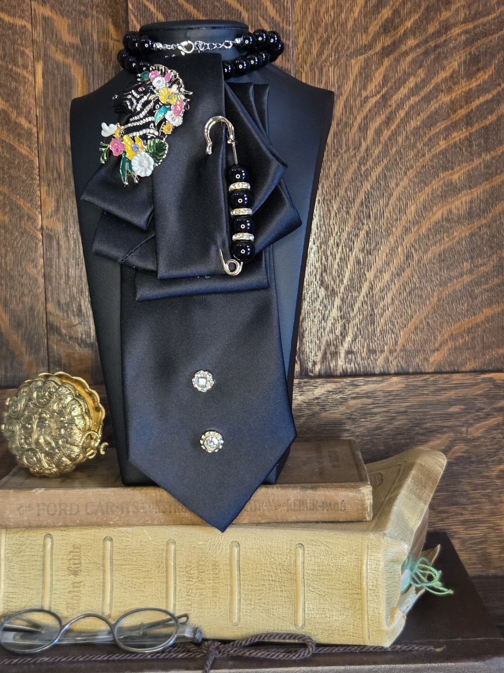 Black Ladies Satin Cravat with Decorative Zebra Brooch and Beaded Accent